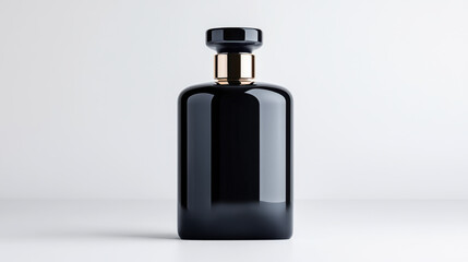 Fototapeta premium Black Perfume Bottle Mockup: A sleek, rectangular black glass perfume bottle with a gold cap stands elegantly against a neutral backdrop.