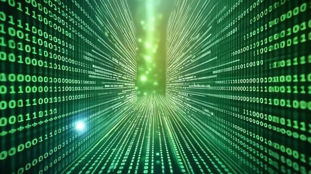 Abstract digital depiction of binary code flowing through a tunnel, representing data and technology themes.