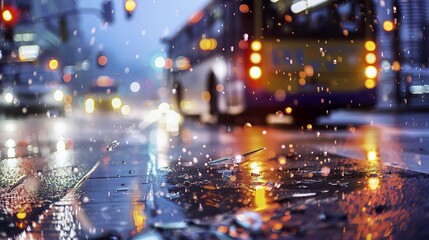 Dramatic bus accident on rainy urban street with shattered glass, tilted vehicle, and emergency response. Urban crisis, transportation safety, and emergency situations concept.
