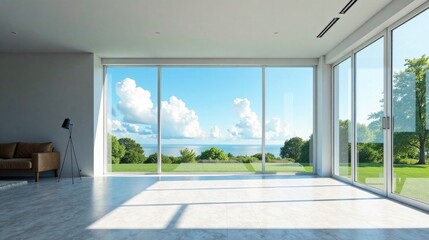 Fototapeta premium Modern minimalist living space with expansive windows showcasing a tranquil ocean view and lush green lawn