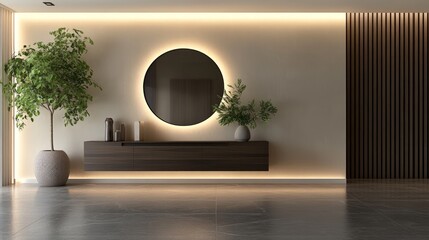 Modern hallway interior design, plants, mirror, wall lights, minimalist