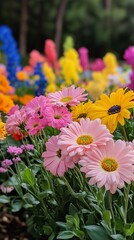 Fototapeta premium Colorful garden filled with blooming flowers during sunny day in spring