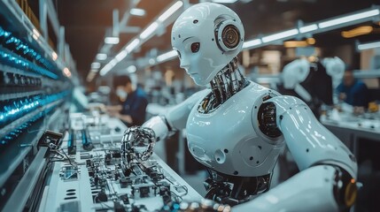 Fototapeta premium Robotic assembly process in modern factory high-tech environment industrial scene