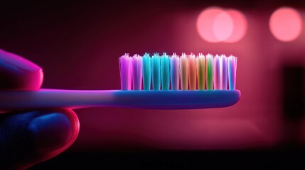 Hand holds colorful toothbrush, neon lights, night, oral hygiene