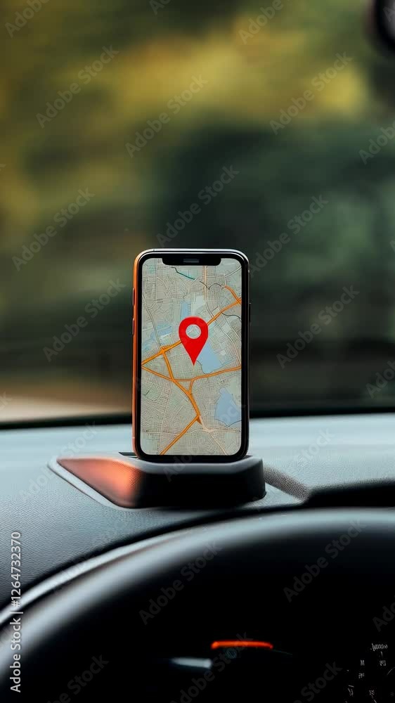Aufkleber Navigation app displaying current location on interactive map while driving, smartphone mounted on car dashboard showing real time gps guidance and digital route tracking