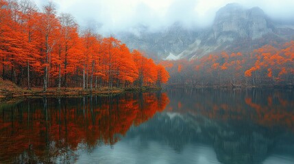Fototapeta premium Vibrant autumn landscape with orange trees reflecting in serene lake amidst foggy mountains
