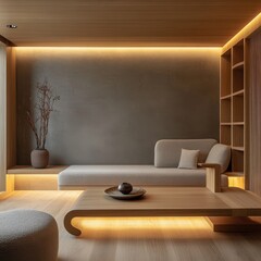 Minimalist interior showcases a modern aesthetic with warm wood elements