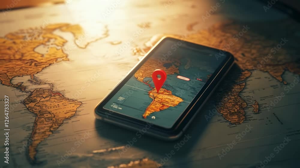 Poster warm light illuminates a smartphone displaying a map of south america with a location pin, placed on
