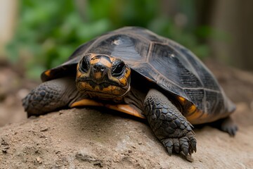 Fototapeta premium Yellow-footed tortoise resting on rock, garden background, nature wildlife photography