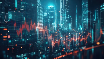 Futuristic city skyline overlaid with financial data