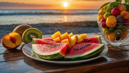 Tropical fruits, watermelon slices, beach picnic food, sunset and food photography, fresh summer fruits, exotic fruit platter, healthy tropical snacks, summer vacation vibes, refreshing fruit desser