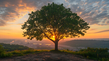 Fototapeta premium A photo of an old, leafless tree on the side of a hill overlooking a valley at sunrise 
