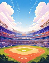 Sunny panoramic illustration of a baseball stadium filled with lively spectators beneath an expansive sky with soft clouds, capturing the excitement and warmth of a vibrant afternoon game.

