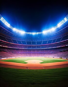 Illuminated Baseball Stadium at Night with Bright Floodlights and a Pristine Field, Ready for an Exciting Game