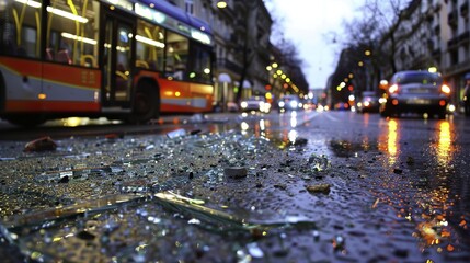 Dramatic bus accident on rainy urban street with shattered glass, tilted vehicle, and emergency response. Urban crisis, transportation safety, and emergency situations concept.