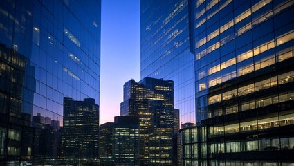 Obraz premium Reflections of dusk city lights on modern architecture