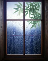 Naklejka premium Serene view through a rain-covered window, with droplets streaming down the glass, revealing a soft, pastel-hued sunset and delicate bamboo leaves swaying gently in the breeze.