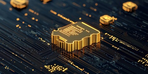 financial success prosperity mindset concept. Golden microchip on a dark circuit board background.