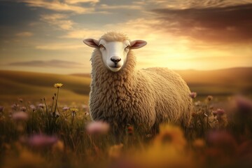 Obraz premium Sheep standing in a colorful field during sunset with vibrant flowers around