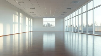 Obraz premium A professional empty boardroom with polished floors and minimal decor, ready for the next meeting.