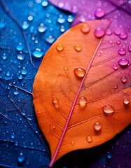 Fototapeta premium Vibrant Orange Leaf Resting on a Deep Blue Surface with Water Droplets, Showcasing Nature’s Contrast and Beauty