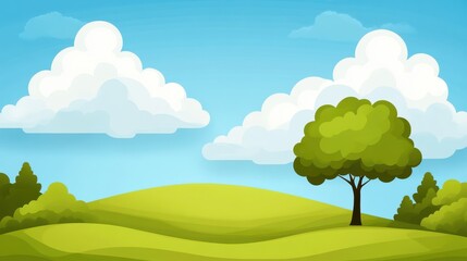 Fototapeta premium A vibrant landscape featuring green hills, a solitary tree, and fluffy clouds under a bright blue sky.