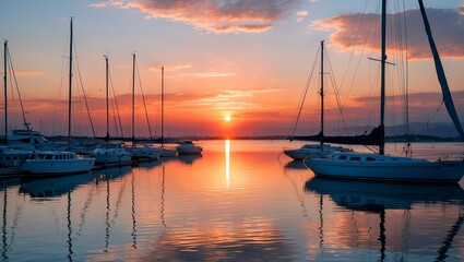 Fototapeta premium Serene harbor at sunset with sailing boats