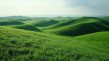 Obraz premium Lush green rolling hills under a soft blue sky with gentle clouds, evoking tranquility and nature's beauty
