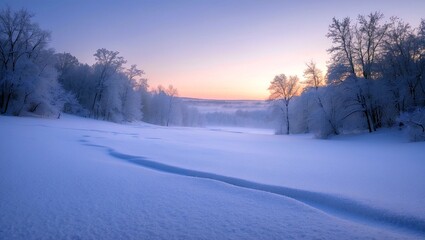 Obraz premium Serene snowy landscape bathed in soft dusk light