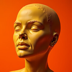 Serene Bald Woman Head Sculpt Golden Hue Peaceful Expression Close up Portrait