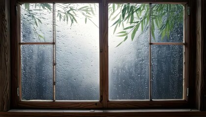 Calming view through an open wooden window frame revealing delicate bamboo leaves gently swaying against a misty, rain-streaked glass background, evoking a peaceful, serene mood.

