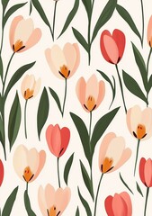 Floral pattern featuring vibrant tulips and soft petals in warm tones