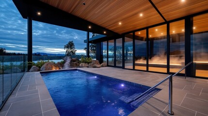 Twilight poolside spa retreat, mountain view, relaxation