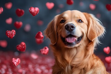 Golden Retriever Surrounded by Heart Symbols for Valentine's Day Card Design