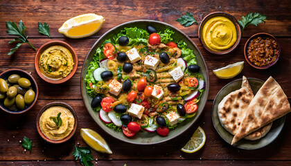 Mediterranean Mezze Platter with Fresh Salad, Hummus, and Pita Bread