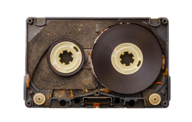 old dirty audio cassette tape with cockroach larvae on white background