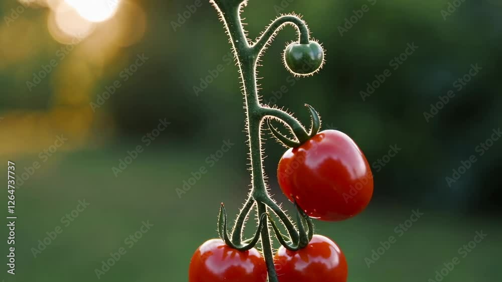 Poster golden sunlight illuminating ripe cherry tomatoes gently swaying on vine, creating luminous bokeh ba