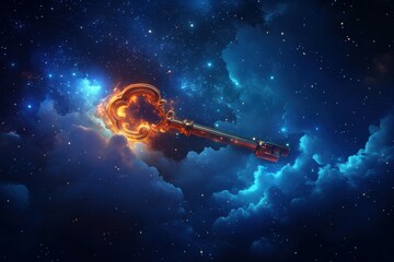 Obraz premium Fantasy Key: Glowing Magical Portal Key in the Galaxy Sky with Copy Space