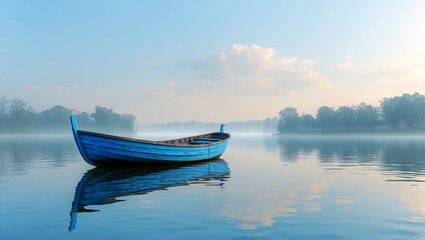 Naklejka premium Solitary blue boat on tranquil reflective waters