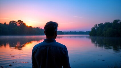 Fototapeta premium Solitary man reflecting at sunset over calm waters