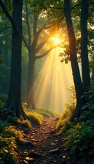 Golden light filters through ancient trees, creating a mystical forest scene , beam, light