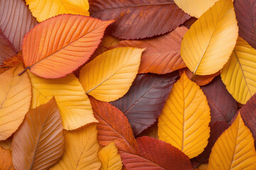 Fototapeta premium Vibrant autumn leaves in various shades of orange, red, and yellow creating a textured background
