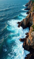Naklejka premium Ocean waves crashing on rugged coastline, aerial view, waves, cliff