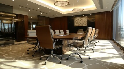Fototapeta premium A soft-focus image of a modern boardroom, highlighting the sleek design and elegant decor.
