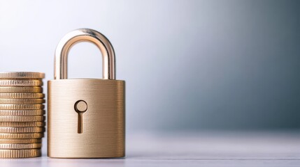 Naklejka premium A golden padlock stands beside a stack of coins, symbolizing security and financial protection against theft or loss.