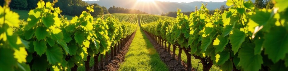 Naklejka premium Rows of spring vines unfurl, Alexander Valley sunlight , sun dappled, spring, sonoma