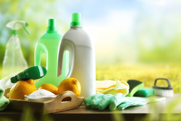 Cleaning products with natural and sustainable ingredients in nature