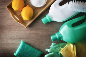 Cleaning products with natural and sustainable ingredients on wooden table