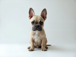 Fototapeta premium Adorable Fawn French Bulldog Puppy Portrait, Large Eyes, Bat Ears, White Background, Cute Canine Pet