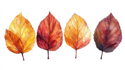Four vibrant autumn leaves showcasing various shades of orange and yellow against a white background